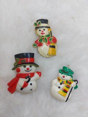 Vintage Snowman Plastic Brooch and Hair Clip Lot of 3